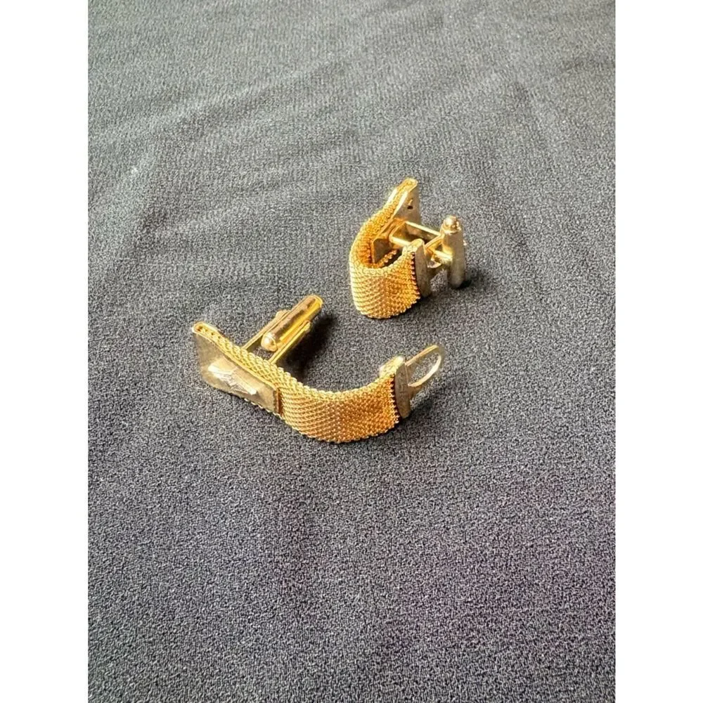 Vintage Anson Gold Tone Mesh Cufflinks Diamond Accent Wrap Style Mid century